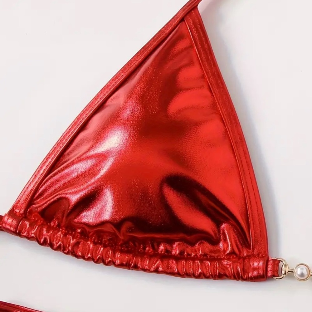 Red Metallic Triangle Halter Thong Bikini Set - Picture 9 of 12